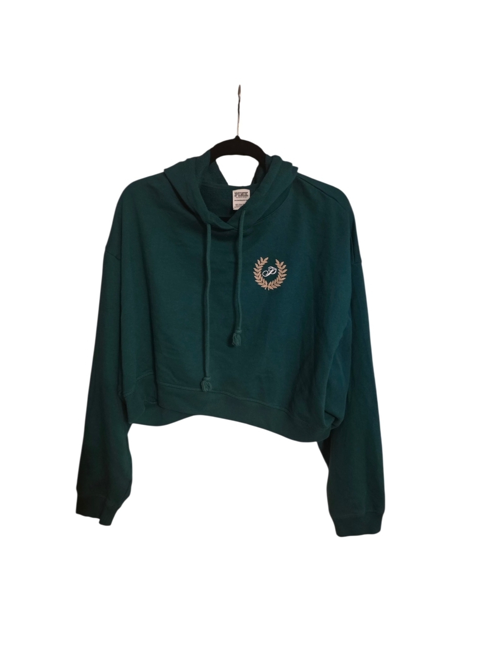 PINK Victoria's Secret Teal Cropped Drawstring Hoodie with Laurel Emblem